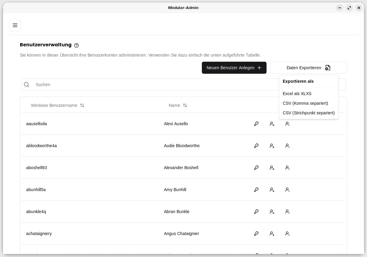 Modular-Admin User-Administration Screen with Data Export.