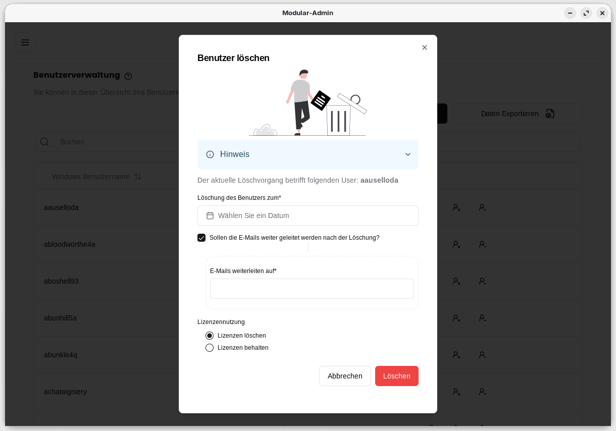 Modular-Admin User Delete Screen.