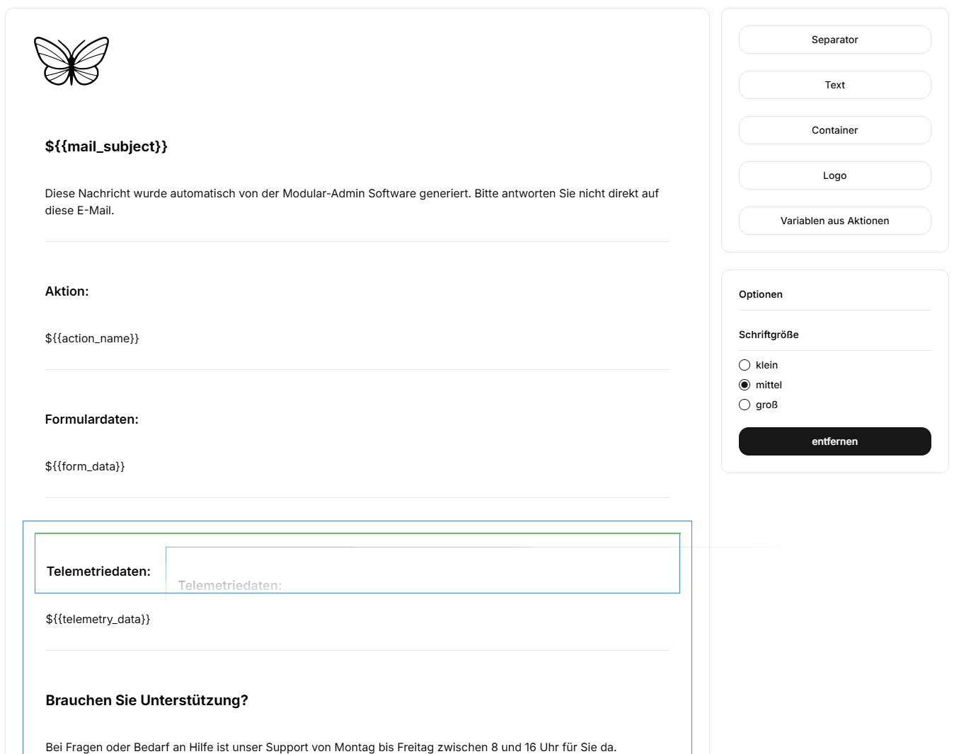 Modular-Admin Mail Editor.