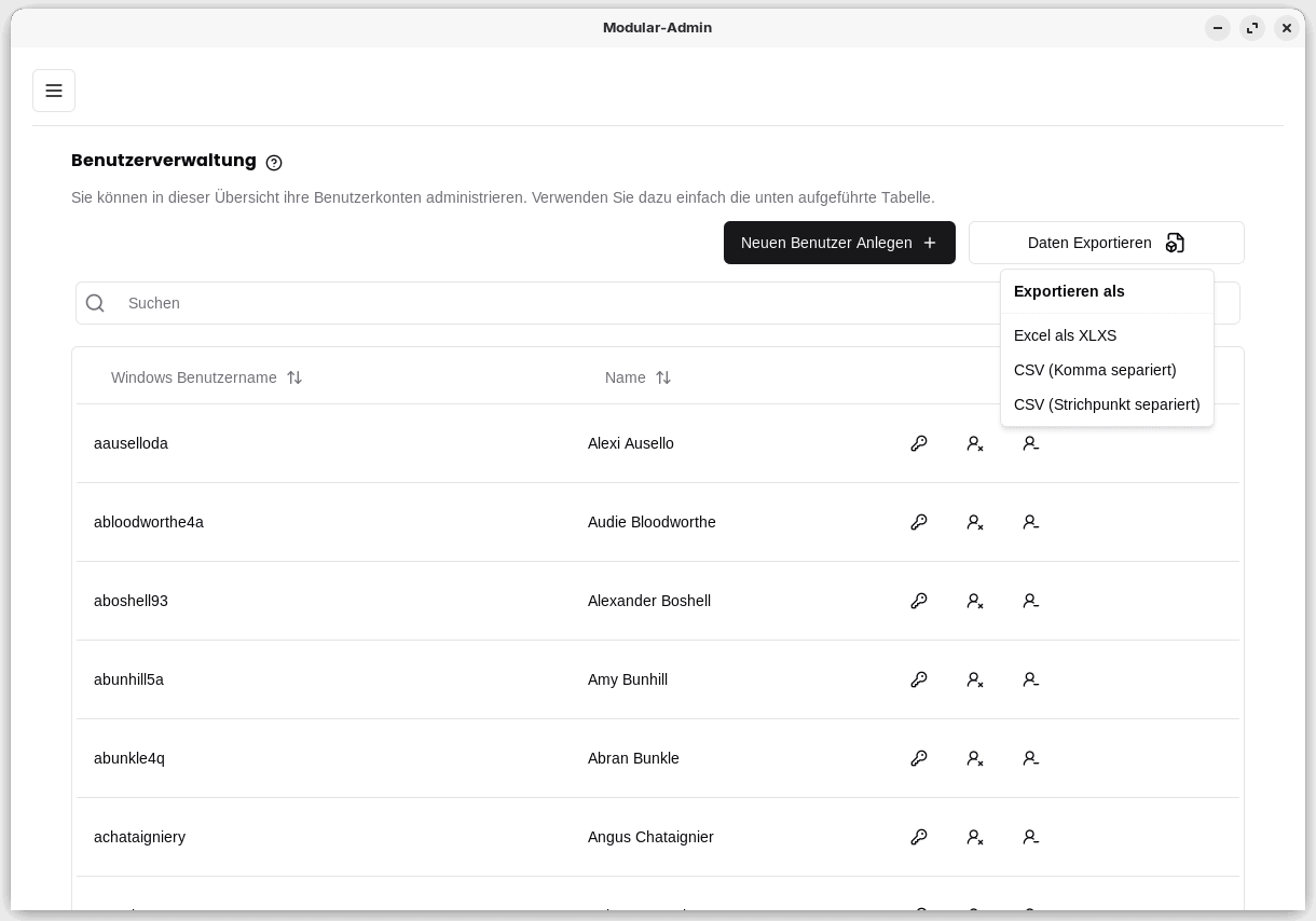 Modular-Admin Benutzerverwaltung mit Export-Funktion.