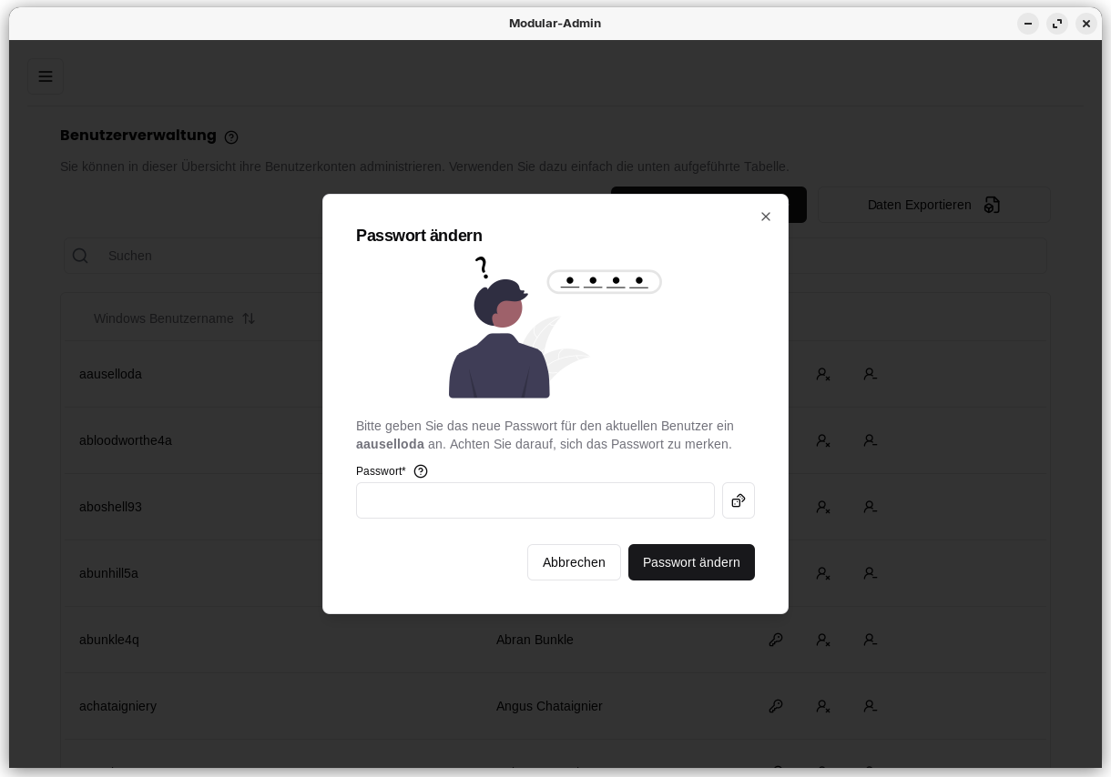 Modular-Admin Passwort-Reset Formular.